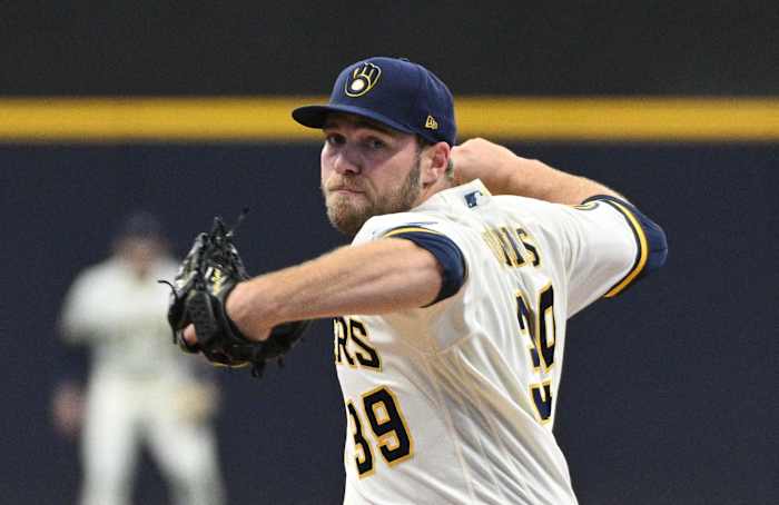 Milwaukee Brewers starting pitcher Corbin Burnes delivers a pitch against the St. Louis Cardinals in the first inning at American Family Field. (2023)
